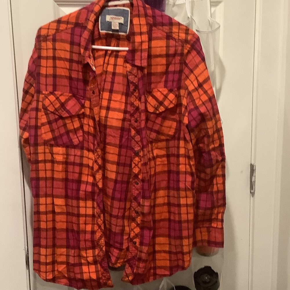 Arizona Jean Company Orange and Pink Plaid Button Down Shirt